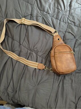 Brown Leather Sling Belt Bag with Patterned Adjustable Strap